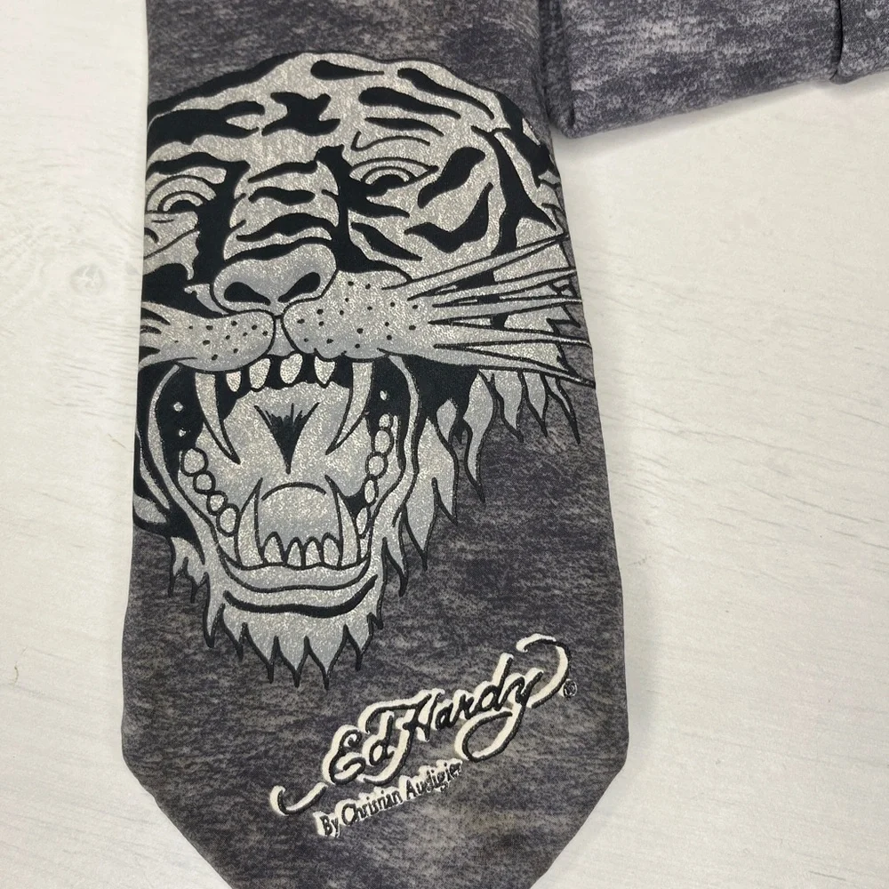 Ed Hardy Gray Tiger Silk Tie Y2K